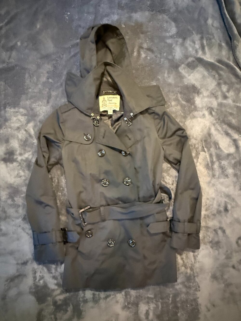 London Fog Heritage Double Breasted Trench Coat Removable Hood Charcoal X